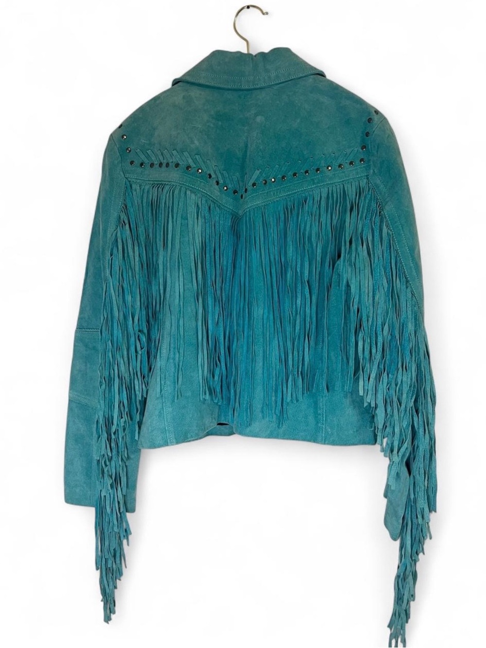bagatelle Teal Suede Fringe Moto Jacket with Stud Details - Picture 2 of 6